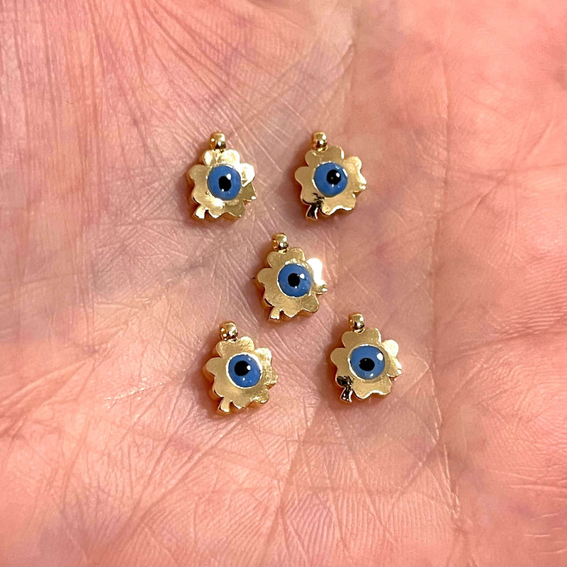24Kt Shiny Gold Plated Clover  Evil Eye Charms, 5 Pcs in a Pack