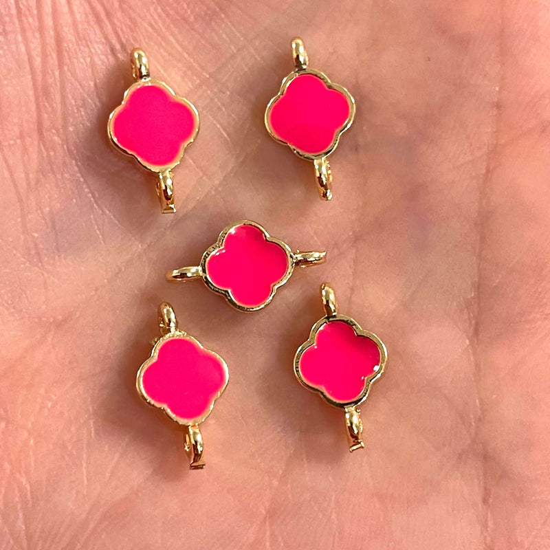 24Kt Shiny Gold Plated Neon Pink Enamelled Clover Connector Charms,