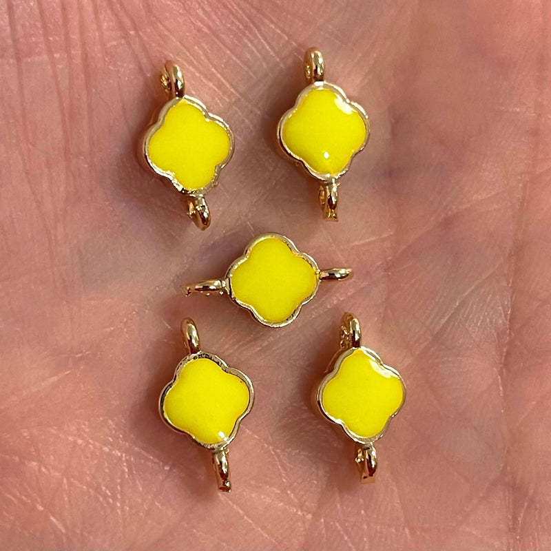 24Kt Shiny Gold Plated Neon Yellow Enamelled Clover Connector Charms,