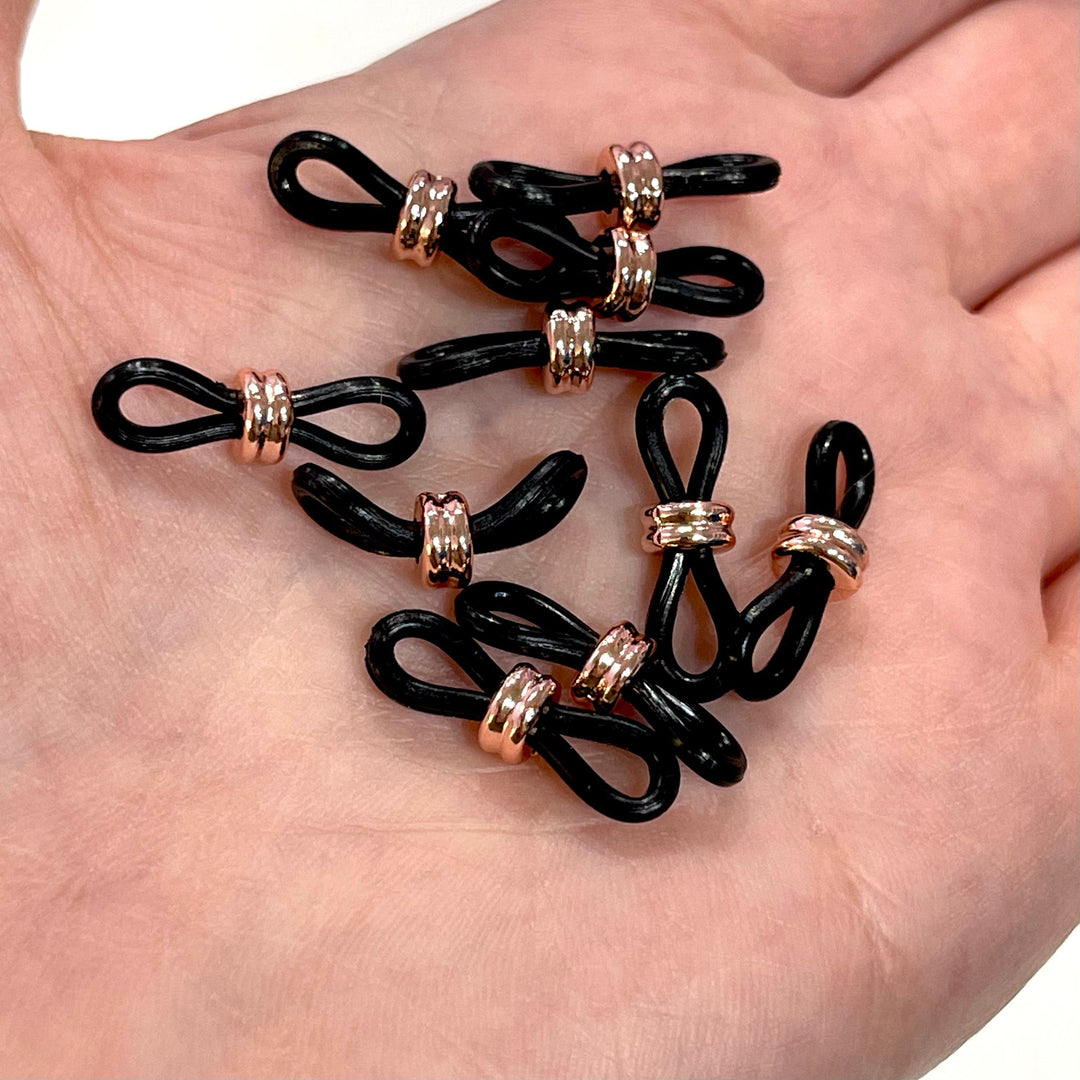 Eye Glass Holder Ends Black Rubber&amp;Rose Gold Plated Slider, Rubber Glasses Chain Holders - Replacement Loops for Glasses Chains,