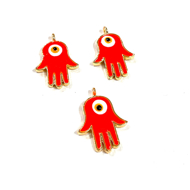 24 Karat vergoldetes Messing, neonorange emaillierte Hamsa-Anhänger, 3 Stück in einer Packung