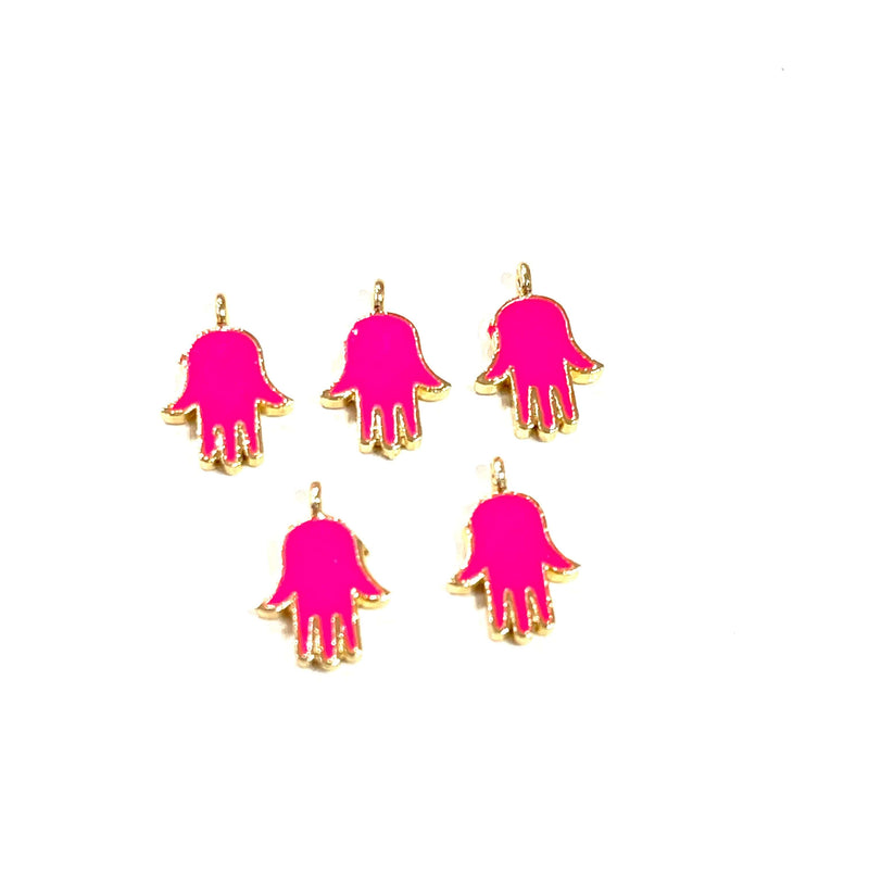 24Kt Gold Plated Brass Neon Pink Enamelled Hamsa Charms, 5 pcs in a pack