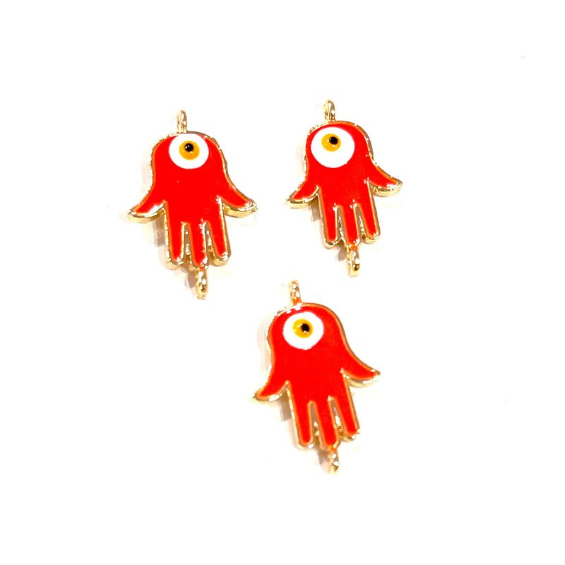 24 Karat vergoldetes Messing, neonorange emaillierte Hamsa-Verbindungs-Charms, 3 Stück in einer Packung