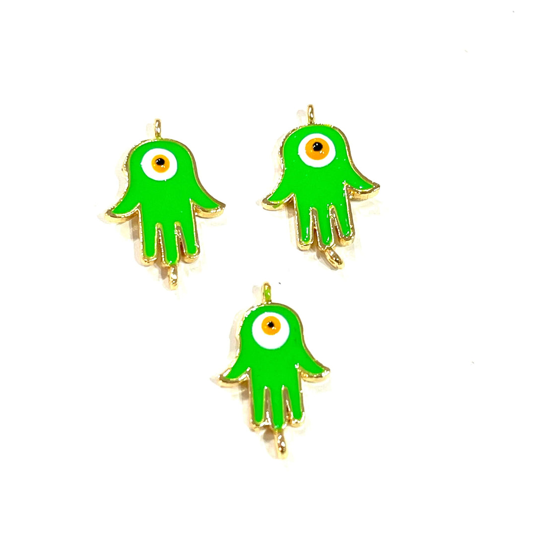 24Kt Gold Plated Brass Neon Green Enamelled Hamsa Connector Charms, 3 pcs in a pack