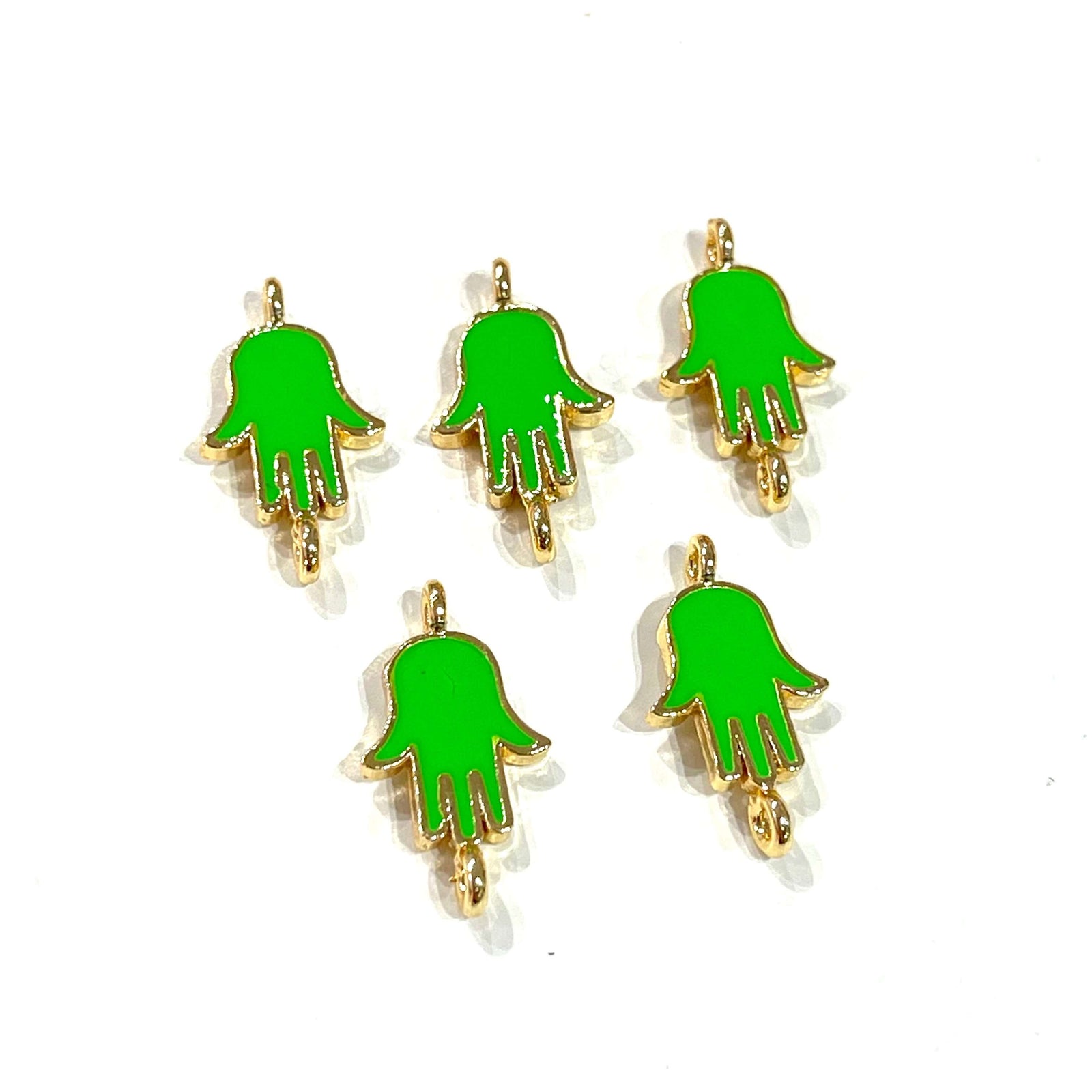 24Kt Gold Plated Brass Neon Green Enamelled Hamsa Connector Charms, 5 pcs in a pack