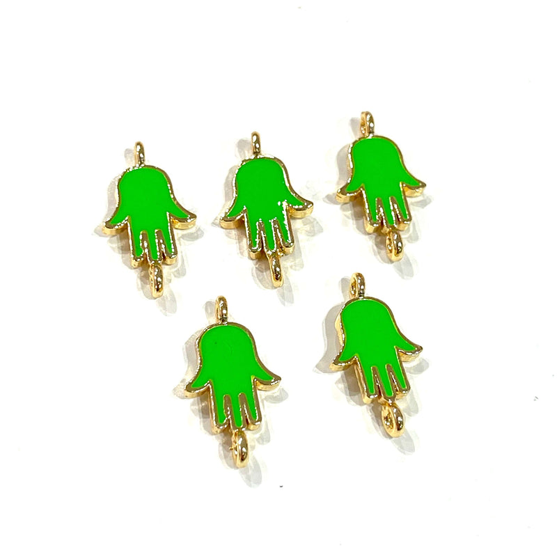 24Kt Gold Plated Brass Neon Green Enamelled Hamsa Connector Charms, 5 pcs in a pack
