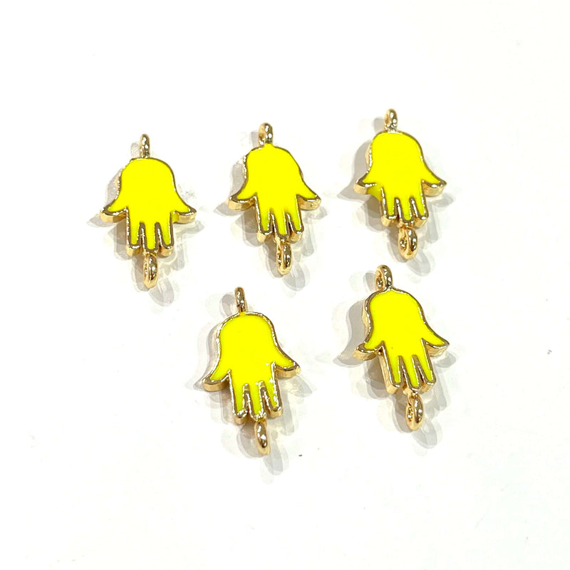 24Kt Gold Plated Brass Neon Yellow Enamelled Hamsa Connector Charms, 5 pcs in a pack