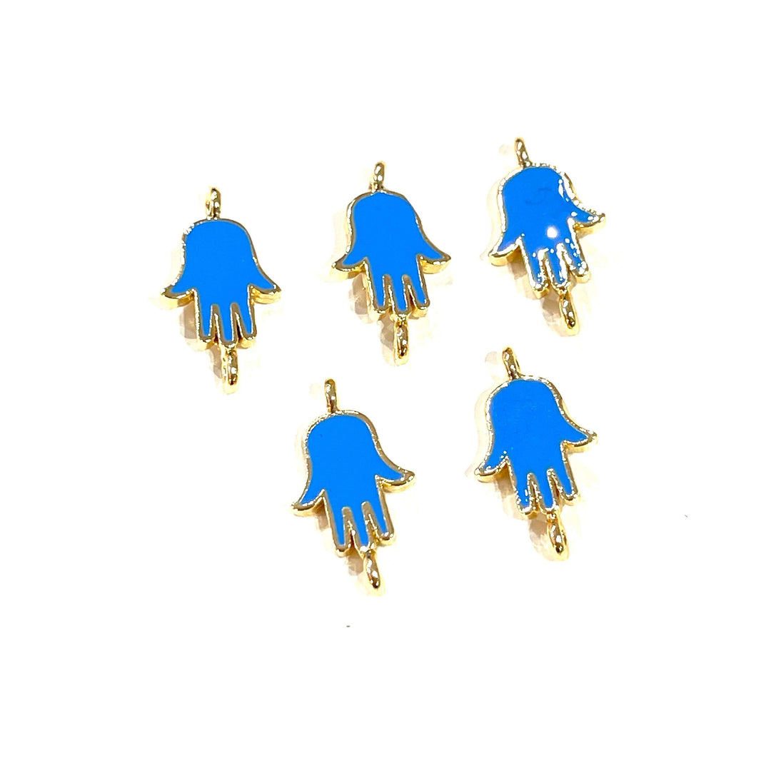 24Kt Gold Plated Brass Blue Enamelled Hamsa Connector Charms, 5 pcs in a pack