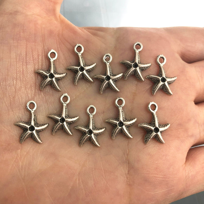 Antique Silver Plated Starfish Charms, 10 Pieces in a pack