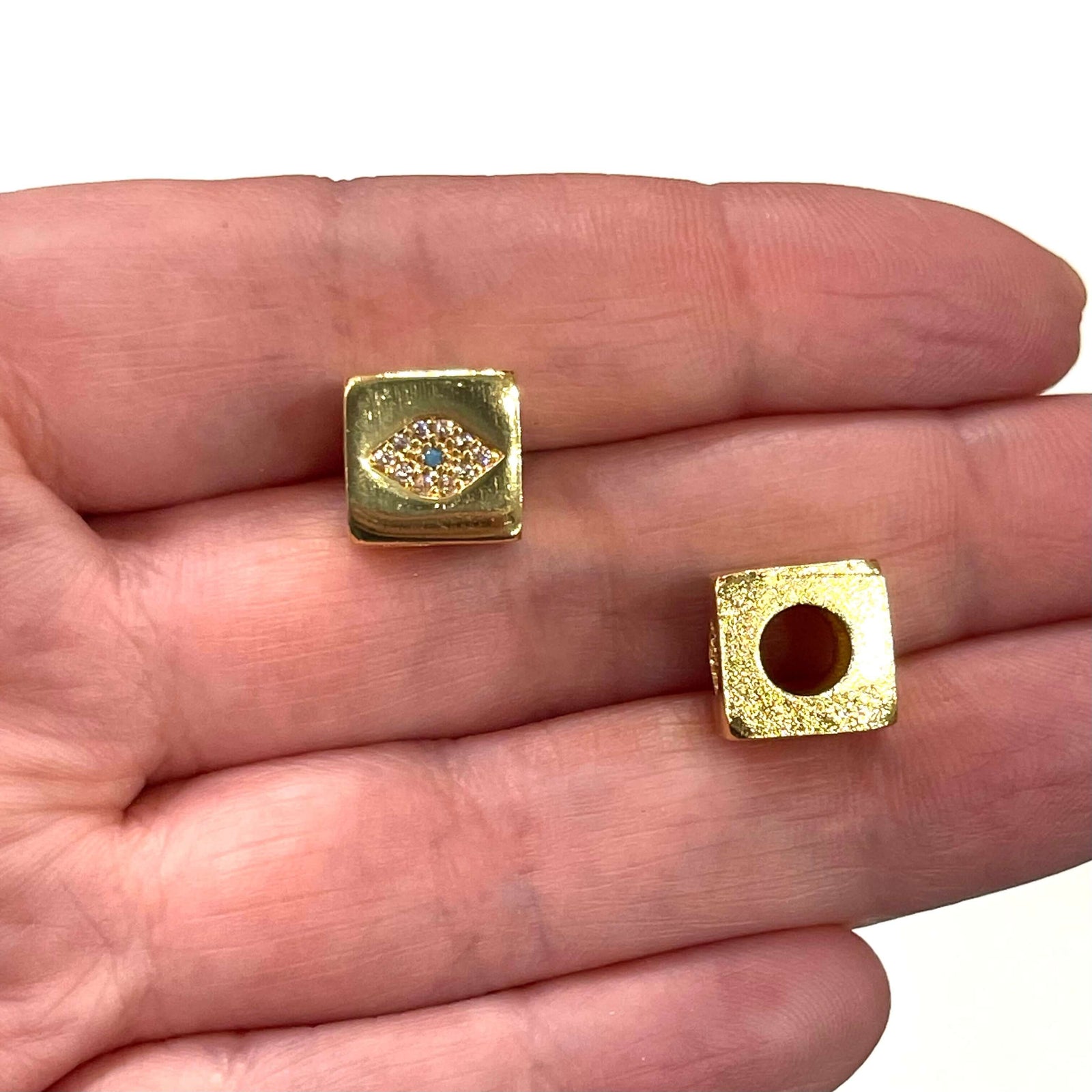 24Kt Gold Plated Brass 10mm Evil Eye 4 Sided Micro Pave Charm, Large Hole Pandora Evil Eye Gold Spacer