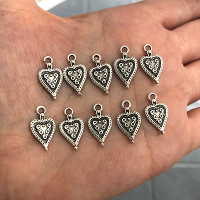 Antique Silver Plated Heart Charms, 5 pieces in pack