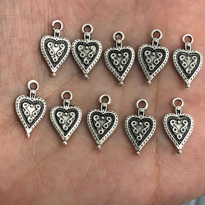 Antique Silver Plated Heart Charms, 5 pieces in pack