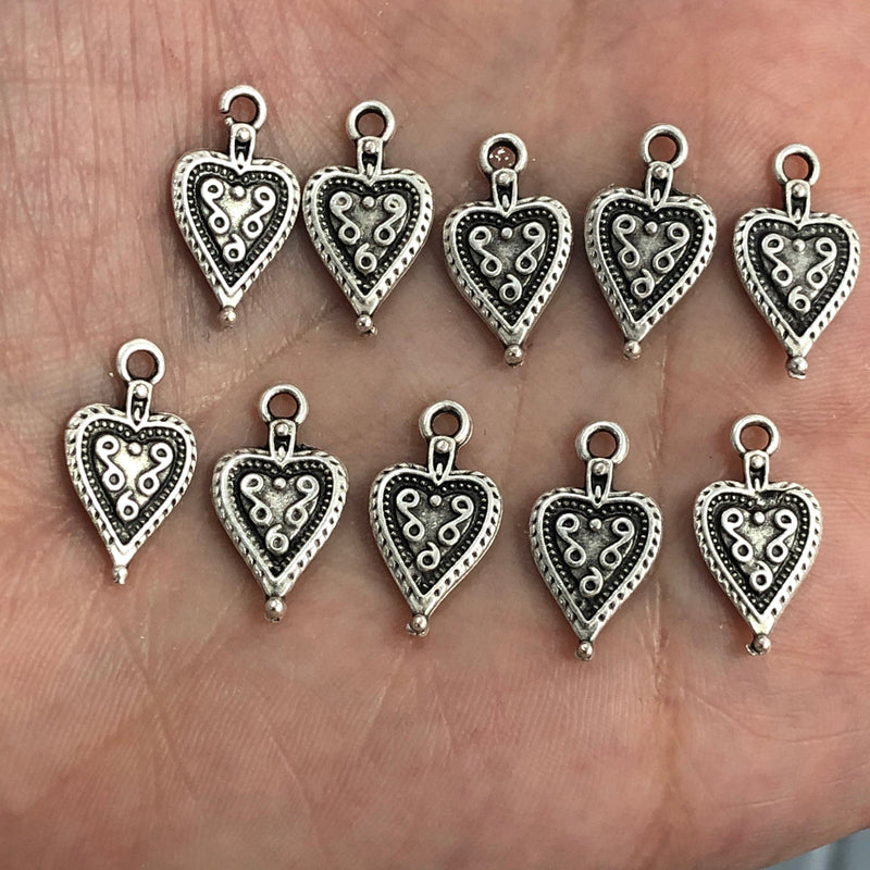 Antique Silver Plated Heart Charms, 5 pieces in pack