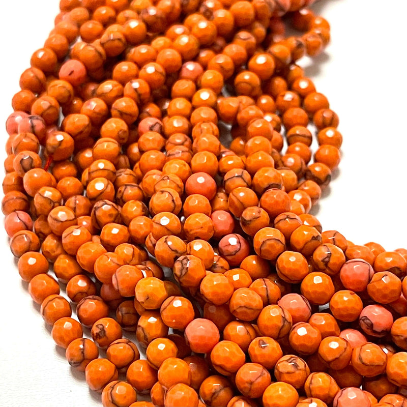 Perles de pierres précieuses rondes à facettes en howlite teinte orange de 6 mm, 64 perles