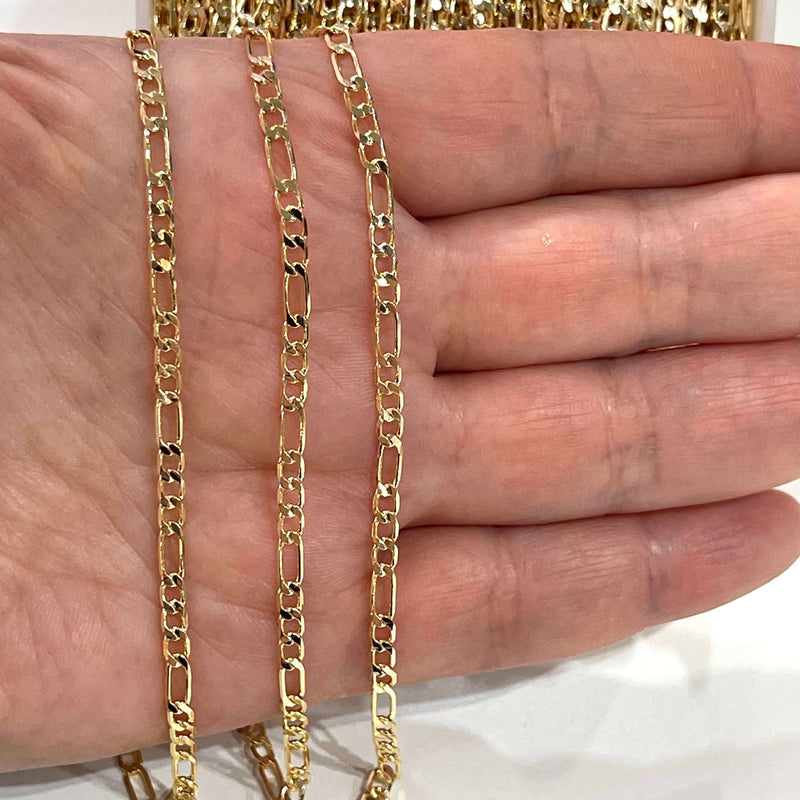 24Kt Shiny Gold Plated Figaro Chain, 2.5mm Gold Figaro Chain