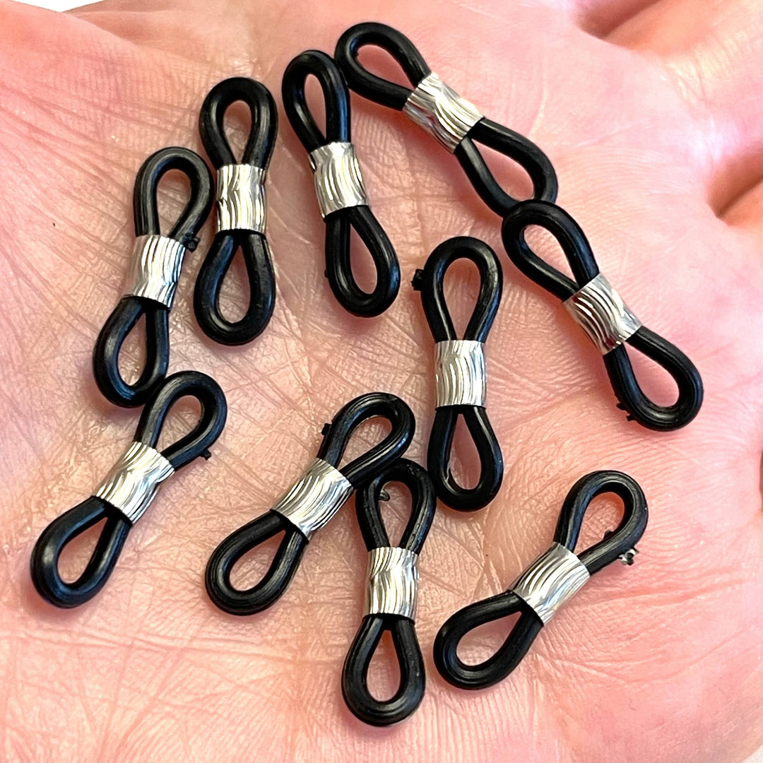 Eye Glass Holder Ends Black Rubber&amp;Silver Plated Slider, Rubber Glasses Chain Holders - Replacement Loops for Glasses Chains,
