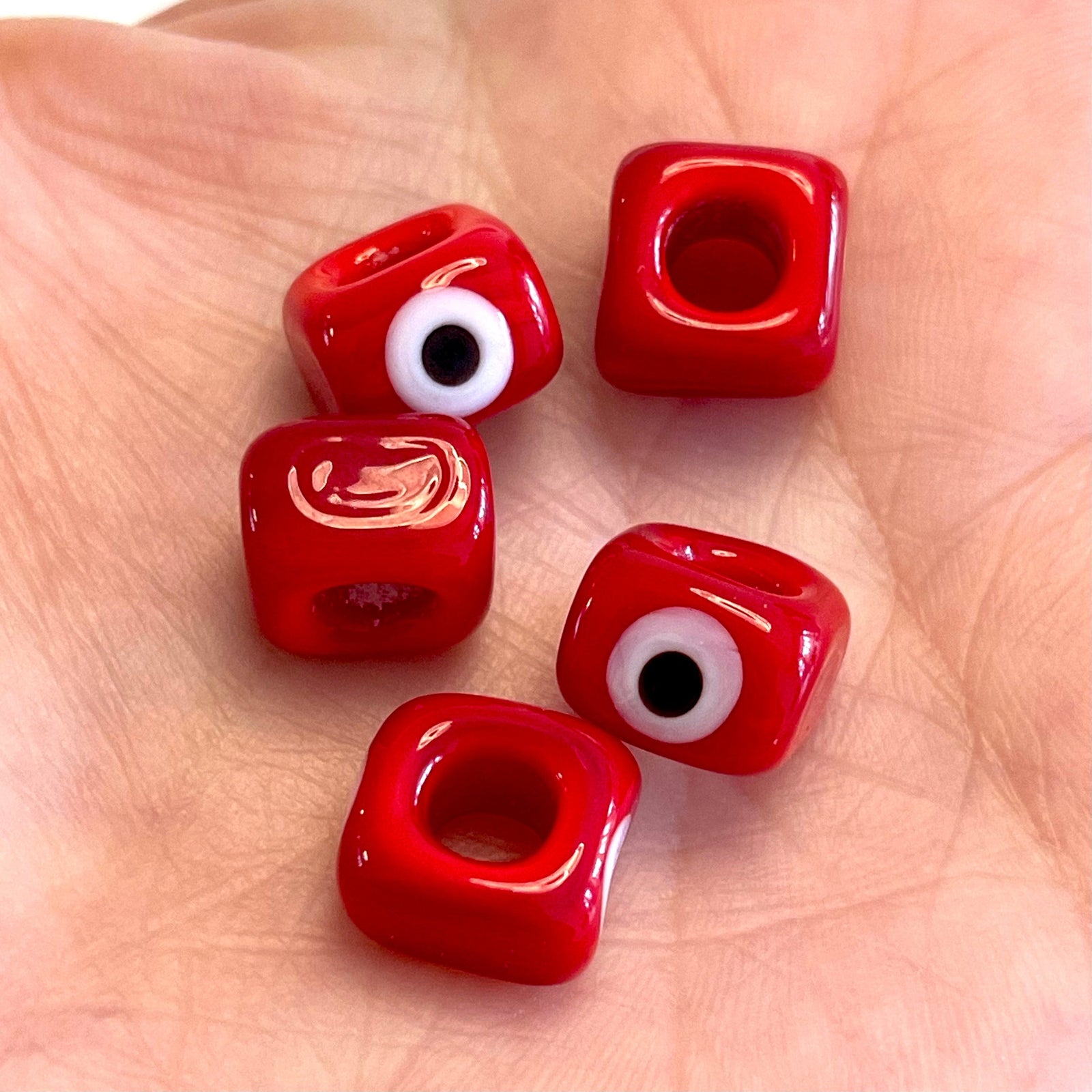 Red-Hand Made Large Hole Murano Glass Evil Eye Beads, 5 Pcs in a pack