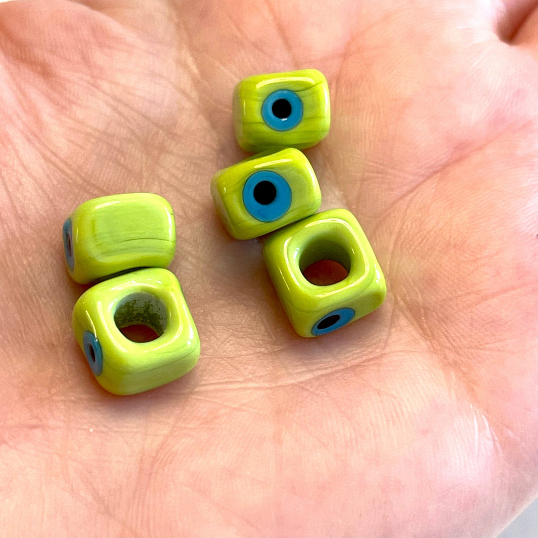 Chartreuse-Hand Made Large Hole Murano Glass Evil Eye Beads, 5 Pcs in a pack