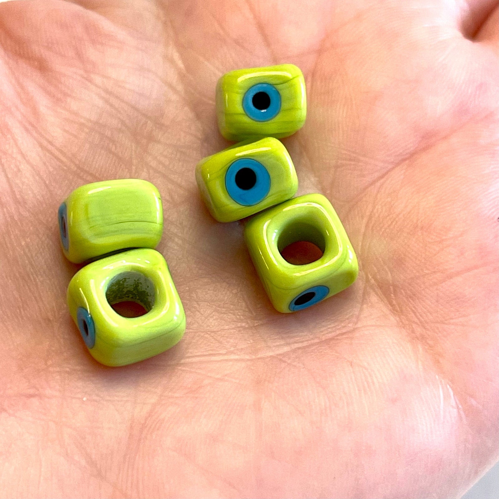 Chartreuse-Hand Made Large Hole Murano Glass Evil Eye Beads, 5 Pcs in a pack