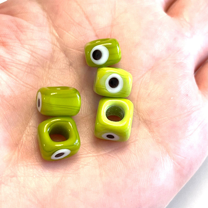 Chartreuse-Hand Made Large Hole Murano Glass Evil Eye Beads, 5 Pcs in a pack