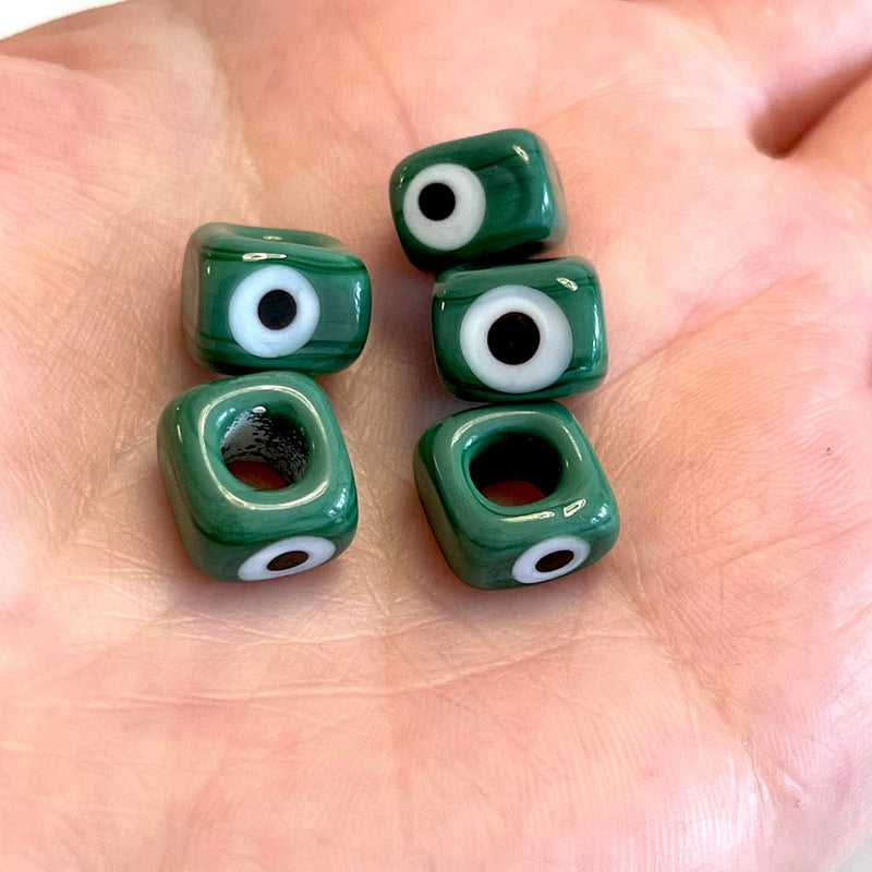 Green-Hand Made Large Hole Murano Glass Evil Eye Beads, 5 Pcs in a pack