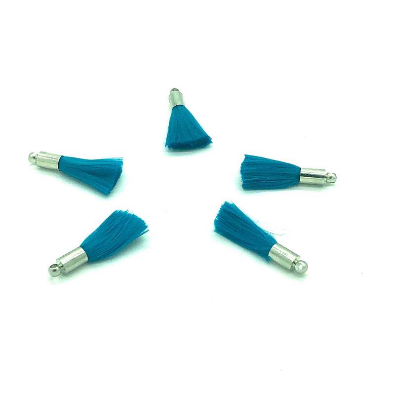 Aqua Mini Silk Tassels with Rhodium Plated Caps, 5 Tassels in a pack