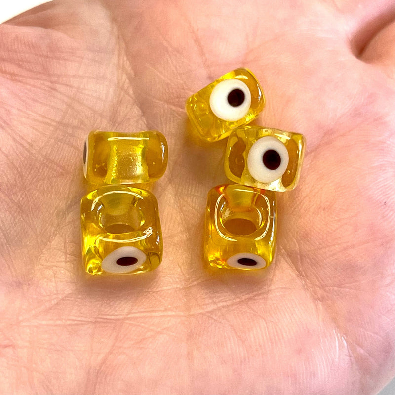 Perles de mauvais œil en verre de Murano à grand trou faites à la main jaune transparent, 5 pièces dans un paquet