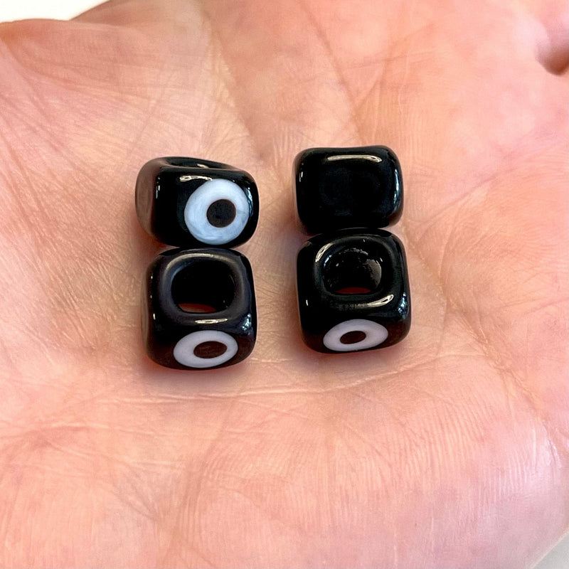 Black-Hand Made Large Hole Murano Glass Evil Eye Beads, 4 Pcs in a pack