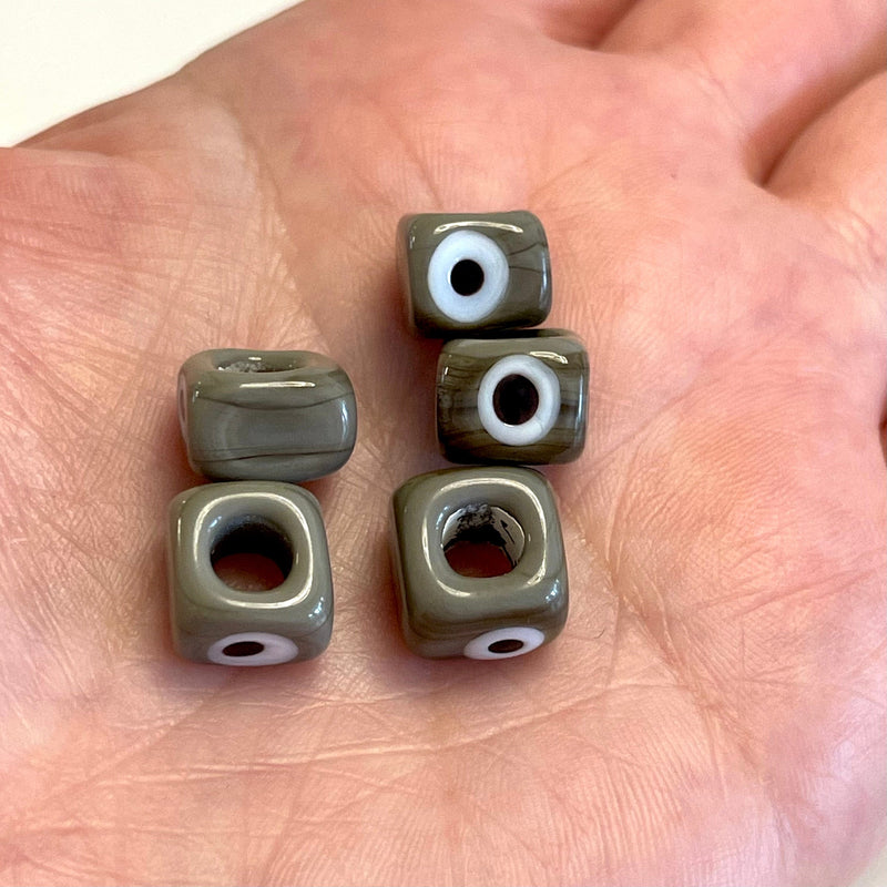 Grey-Hand Made Large Hole Murano Glass Evil Eye Beads, 5 Pcs in a pack