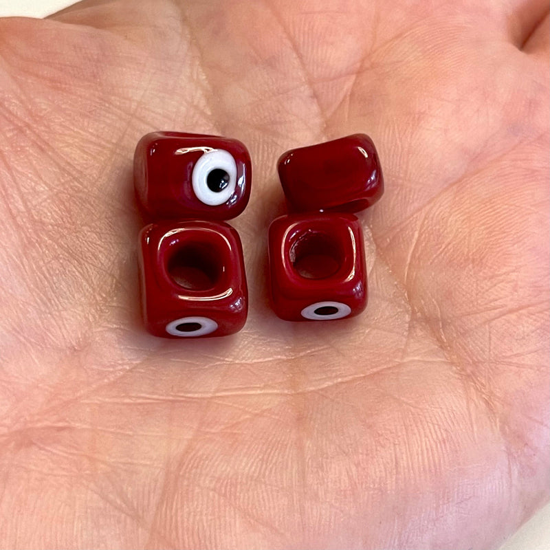Dark Red-Hand Made Large Hole Murano Glass Evil Eye Beads, 4 Pcs in a pack