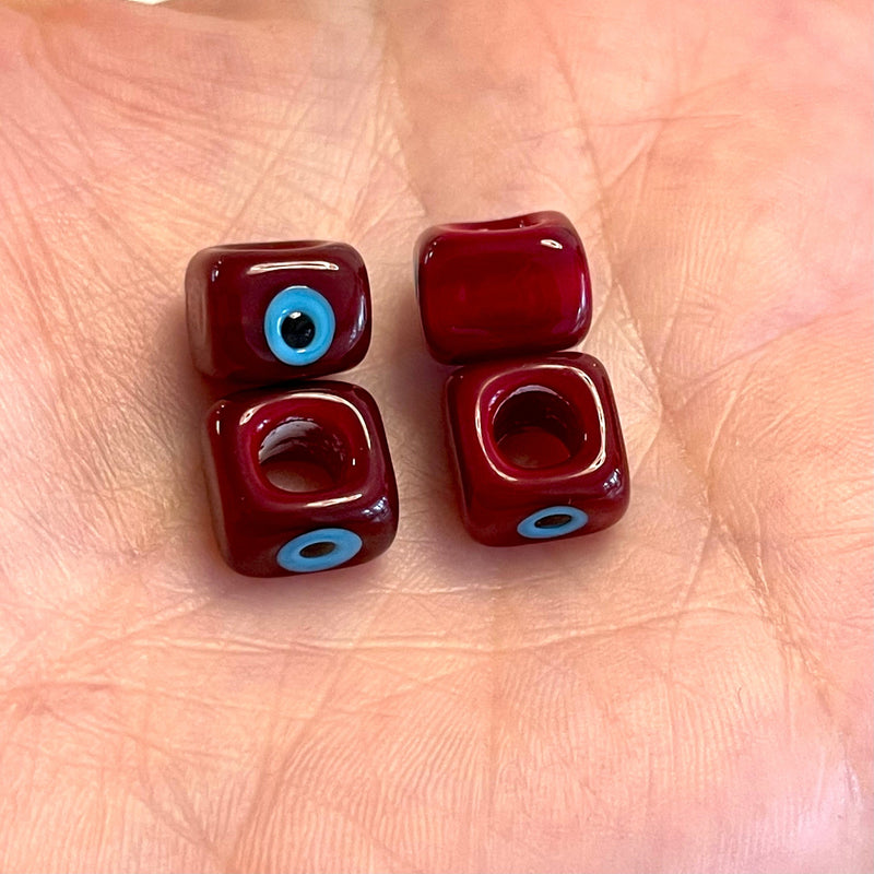 Dark Red-Hand Made Large Hole Murano Glass Evil Eye Beads, 4 Pcs in a pack