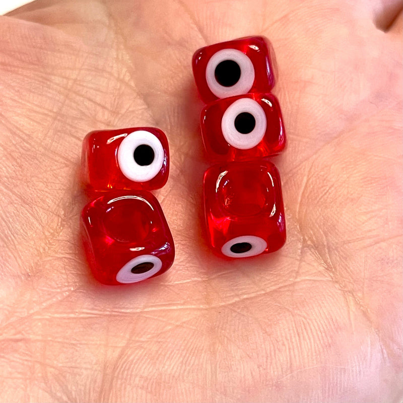 Transparent Red-Hand Made Large Hole Murano Glass Evil Eye Beads, 5 Pcs in a pack