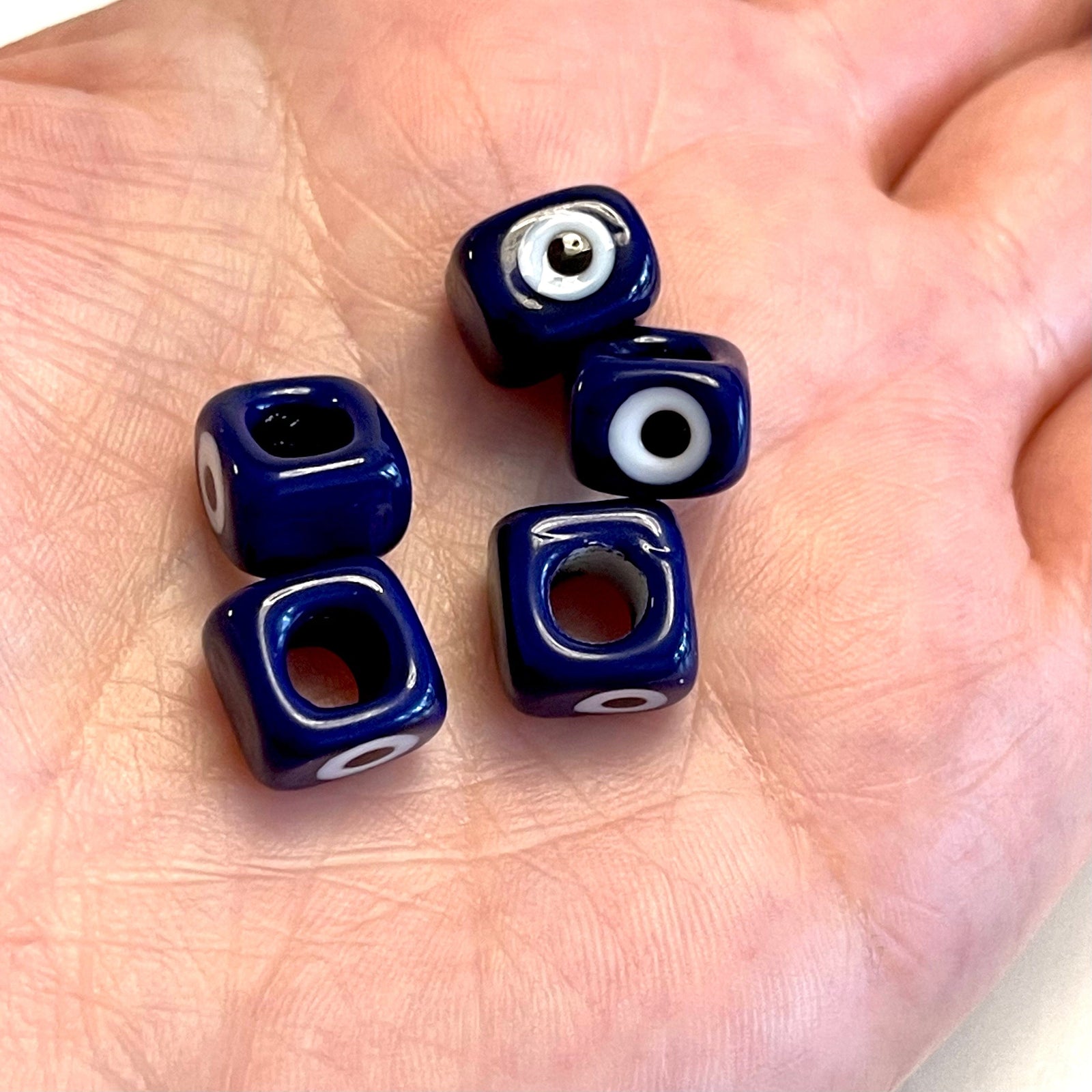 Navy-Hand Made Large Hole Murano Glass Evil Eye Beads, 5 Pcs in a pack
