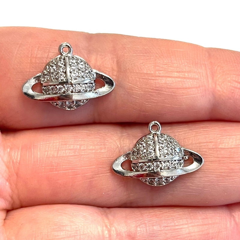 Silver Plated Micro Pave Brass Saturn Planet Charms, Silver Saturn Charms, 1 pcs in a pack