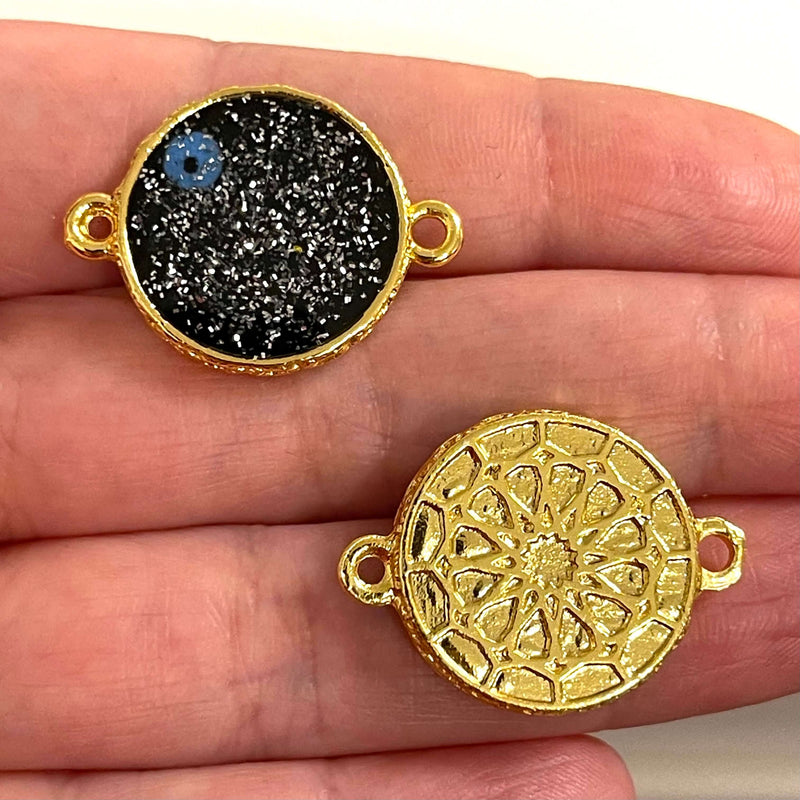 24Kt Gold Plated Glittery Epoxy Black Enamelled Double-Sided Connector Charms, 2 pcs in a pack