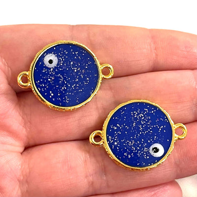 24Kt Gold Plated Glittery Epoxy Royal Blue Enamelled Double-Sided Connector Charms, 2 pcs in a pack