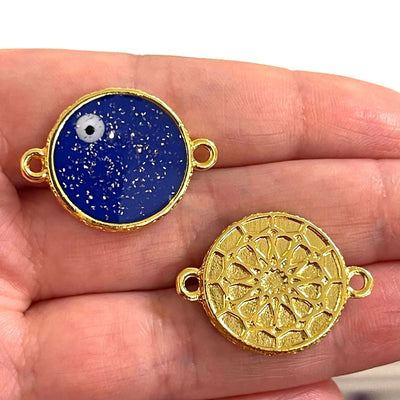 24Kt Gold Plated Glittery Epoxy Royal Blue Enamelled Double-Sided Connector Charms, 2 pcs in a pack
