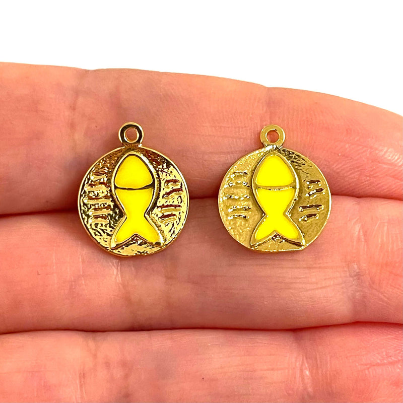 24Kt Gold Plated Neon Yellow Enamelled Lucky Fish Charms, 2 pcs in a pack
