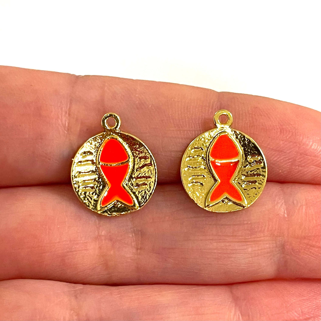 24Kt Gold Plated Neon Orange Enamelled Lucky Fish Charms, 2 pcs in a pack