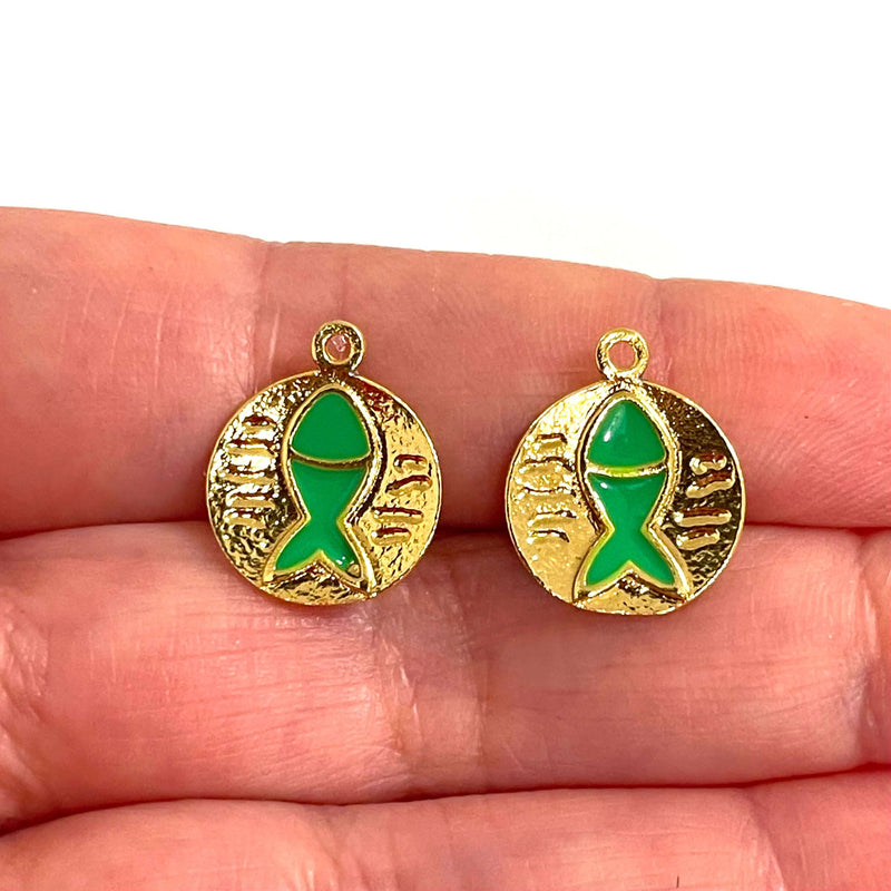 24Kt Gold Plated Neon Green Enamelled Lucky Fish Charms, 2 pcs in a pack