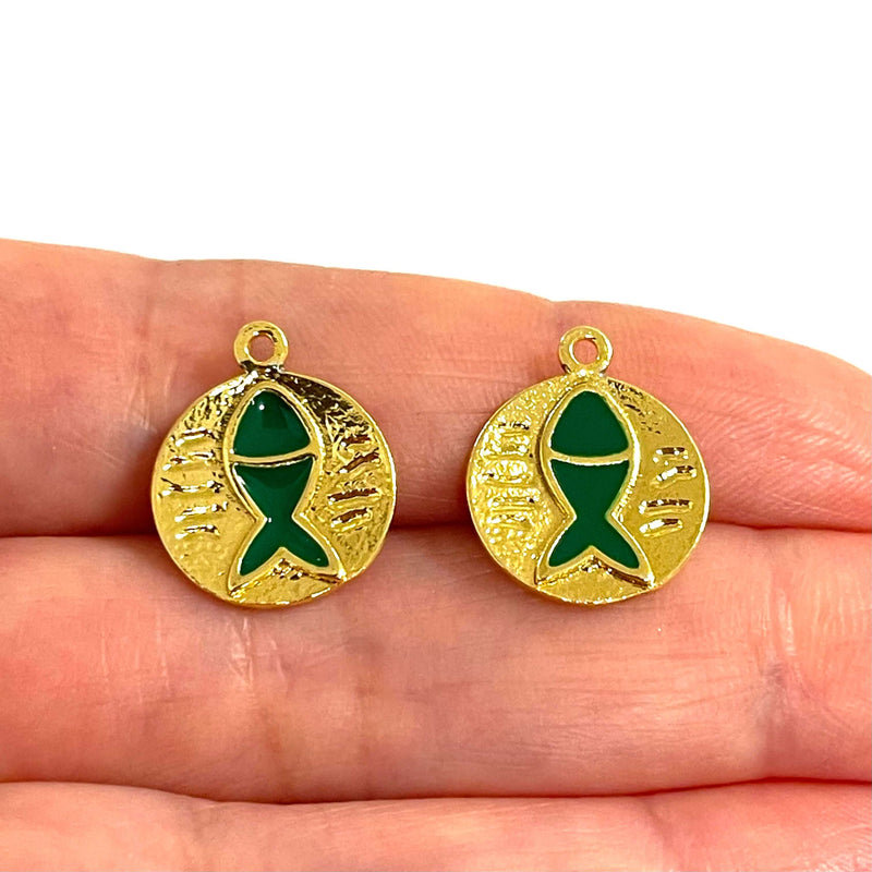24Kt Gold Plated Green Enamelled Lucky Fish Charms, 2 pcs in a pack