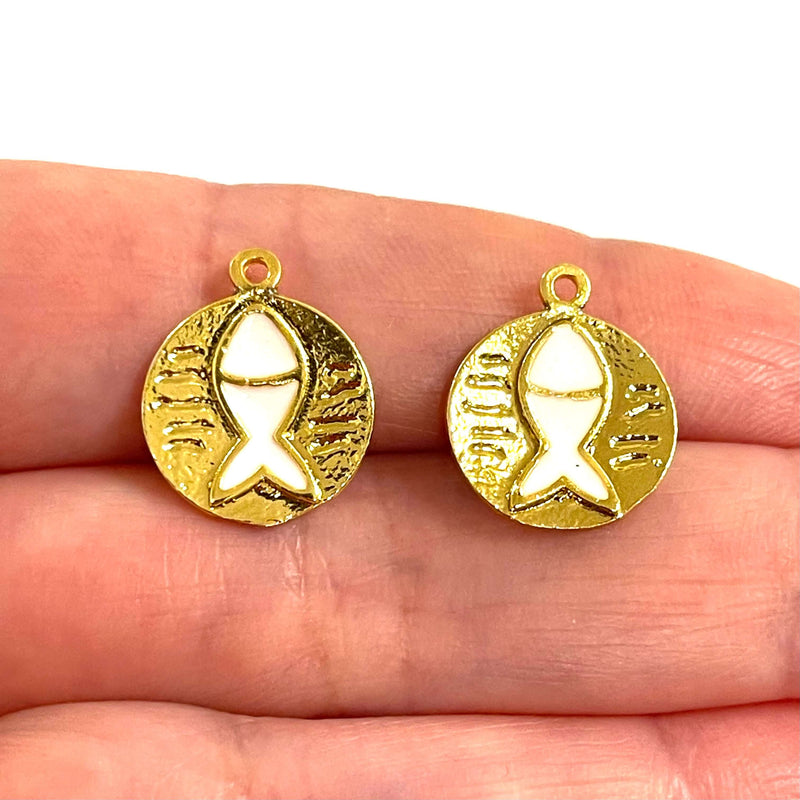 24Kt Gold Plated White Enamelled Lucky Fish Charms, 2 pcs in a pack