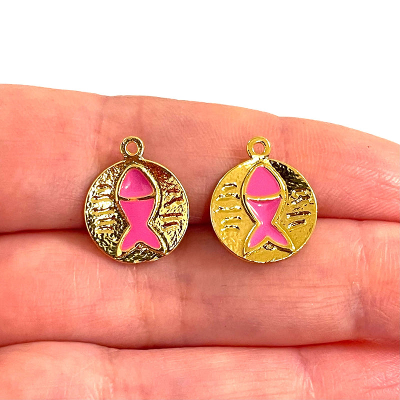 24Kt Gold Plated Pink Enamelled Lucky Fish Charms, 2 pcs in a pack