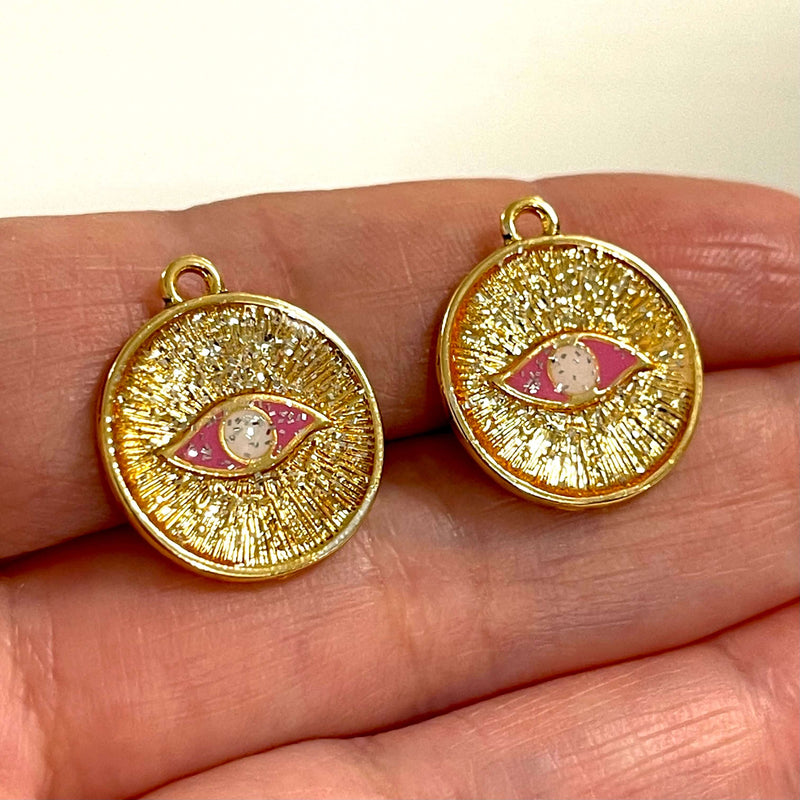 24 Karat vergoldete, mit Epoxidharz emaillierte rosa Augenanhänger, 2 Stück in einer Packung