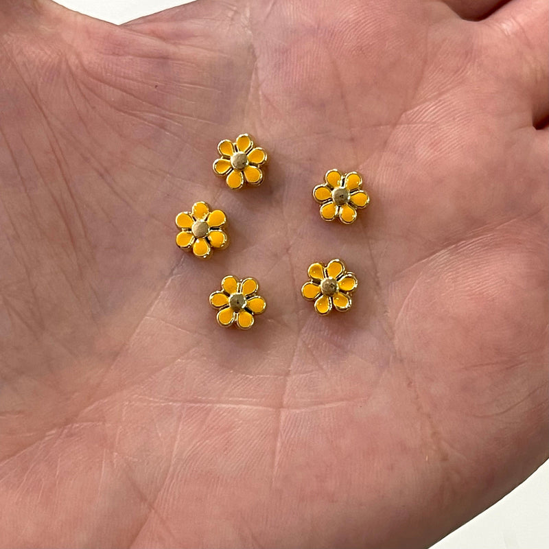24Kt Gold Plated Double Side Yellow Enamelled Daisy Charms, 5 pcs in a pack