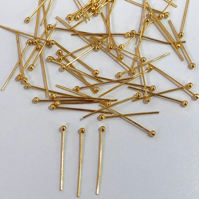 24Kt Gold Ballpoint Headpins, 0.5mm by 40mm, 24Kt Gold Plated Brass Ball Head Pins