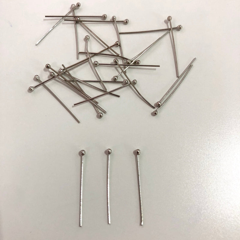 Rhodium Plated Ball Point Headpins, 0.5mm (24 Gauge) by 30mm, Rhodium Plated Brass Ball Head Pins