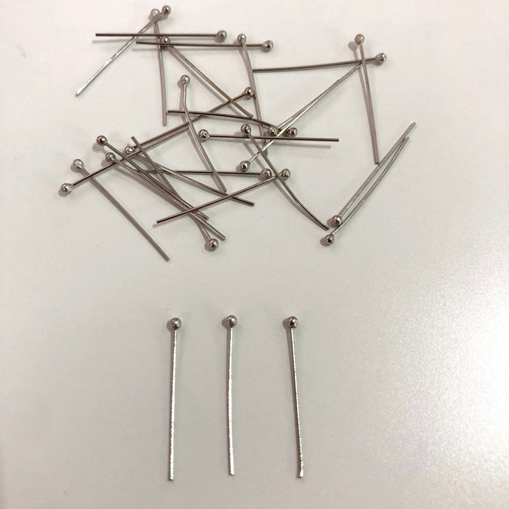 Rhodium Plated Ball Point Headpins, 0.5mm (24 Gauge) by 20mm, Rhodium Plated Brass Ball Head Pins