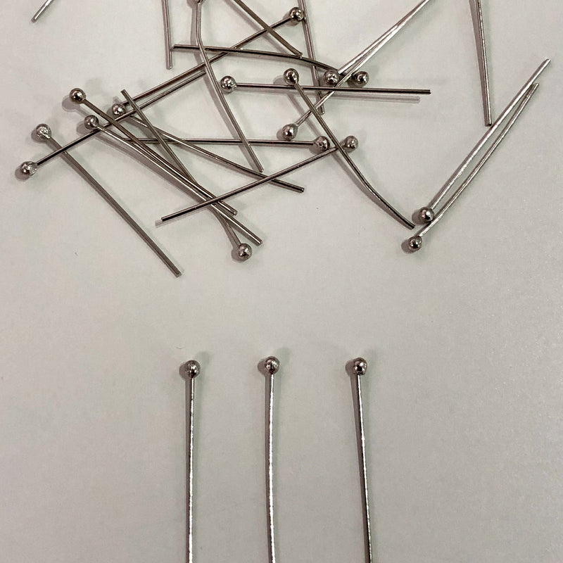 Rhodium Plated Ball Point Headpins, 0.5mm (24 Gauge) by 30mm, Rhodium Plated Brass Ball Head Pins