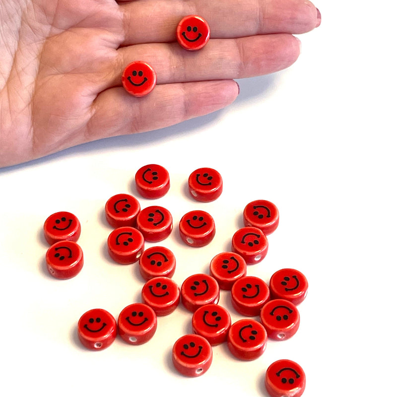 Hand Made Ceramic Red Smiley Face Flat Round Double-Sided Charms, 5 pcs in a pack